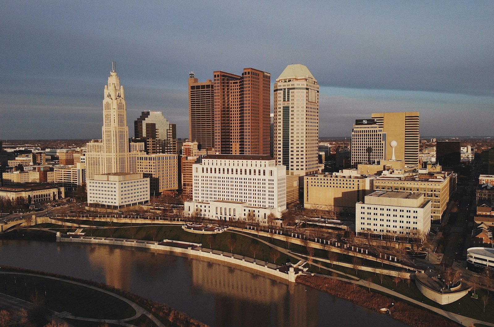 Aerial view of Columbus, Ohio during golden hour